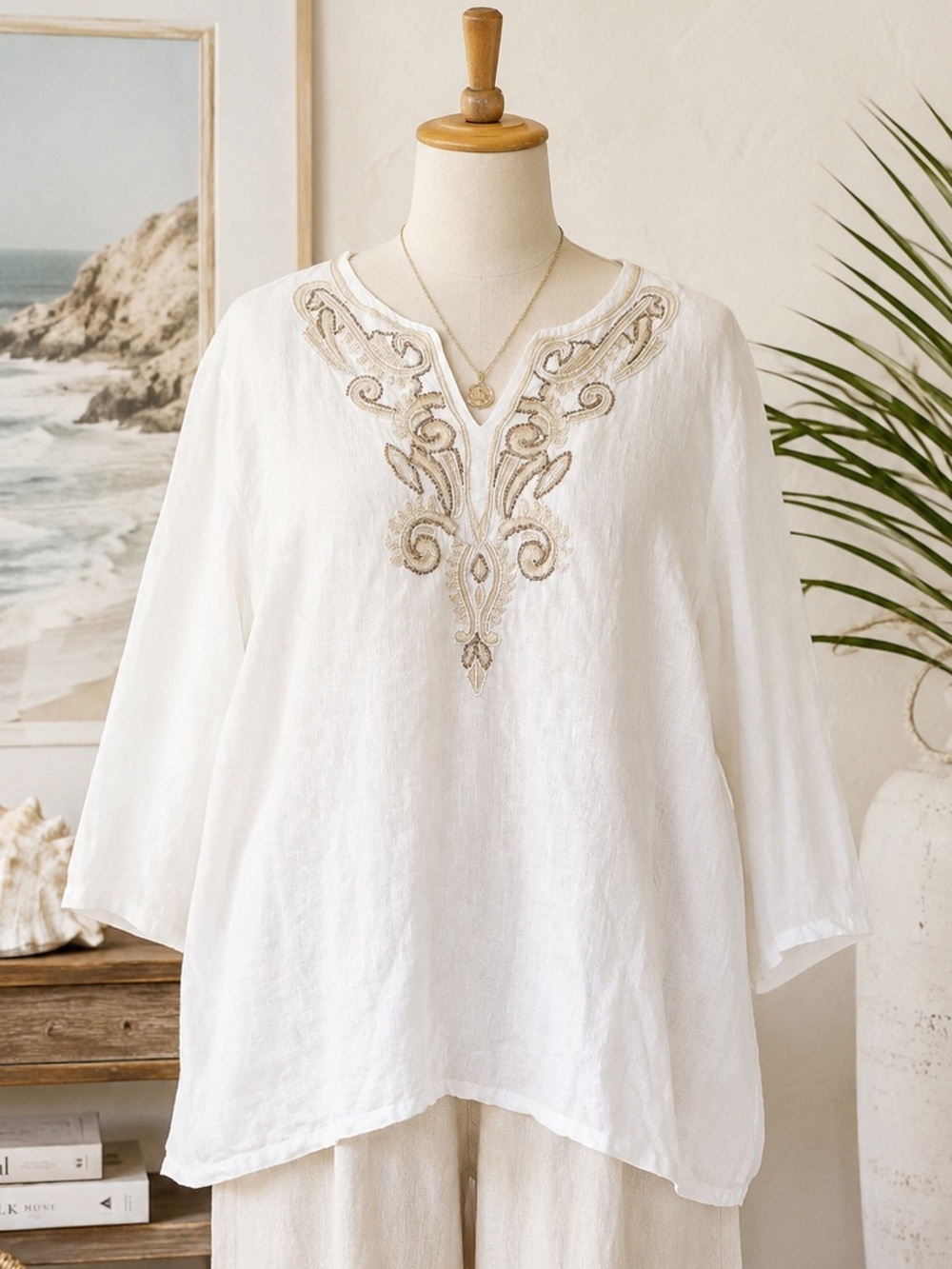 Charter Club Luxury 100% Linen Embellished Tunic Top White Beaded Boho 2X Plus